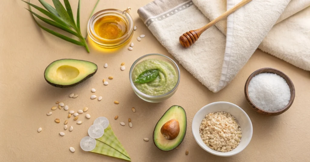 Ingredientes naturales para hidratar la piel seca de la cara: aloe vera, miel, avena, yogur, arroz, aguacate y aceite facial en una composición limpia.