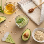 Ingredientes naturales para hidratar la piel seca de la cara: aloe vera, miel, avena, yogur, arroz, aguacate y aceite facial en una composición limpia.