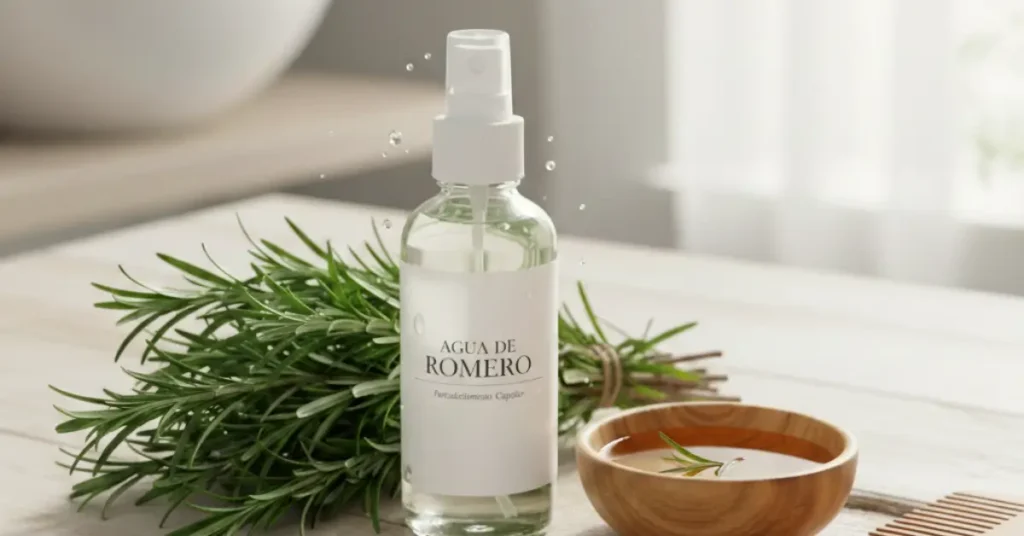 Agua de romero para el cabello en spray con romero fresco, ideal para una rutina capilar natural; cómo usarlo en el cuero cabelludo y cada cuánto aplicarlo.