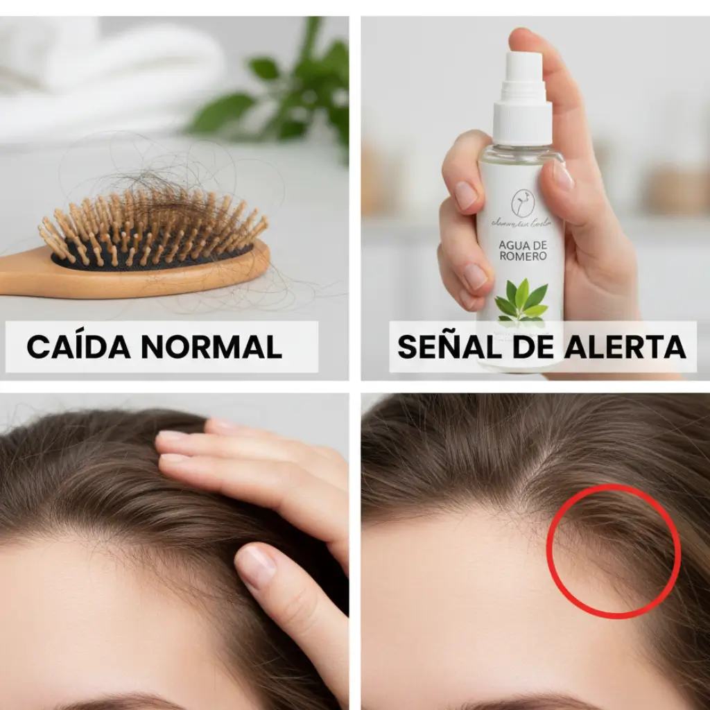 Collage educativo sobre romero para la caída del cabello: muestra cuándo una caída normal puede ser parte de una etapa estacional y cuándo es una señal de alerta (línea del cuero cabelludo más fina). Ideal para acompañar una guía de agua de romero para el cabello y aceite de romero para la caída del cabello, explicando cómo usar romero en el cuero cabelludo y cada cuánto usar romero si tienes caída, siempre con un enfoque suave y sin irritar.