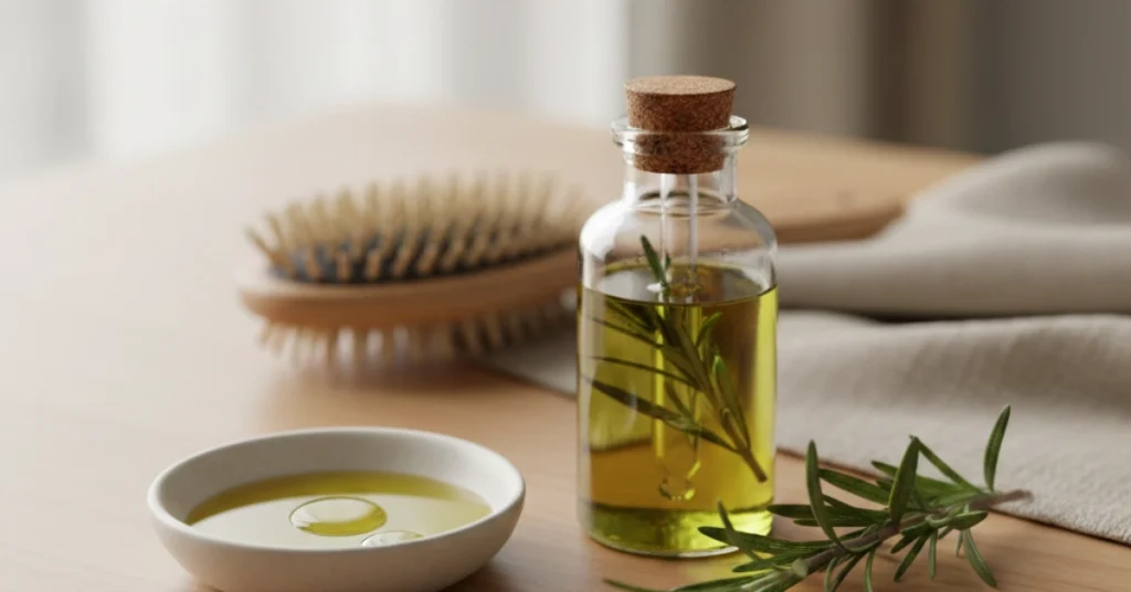 Aceite de romero para el cabello en frasco de vidrio con romero fresco sobre tocador de madera, luz natural suave.