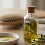 Aceite de romero para el cabello en frasco de vidrio con romero fresco sobre tocador de madera, luz natural suave.