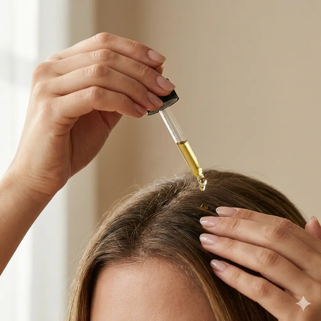 Aplicación de aceite de romero para el cabello con gotero en la línea del cuero cabelludo y masaje suave, foto editorial.