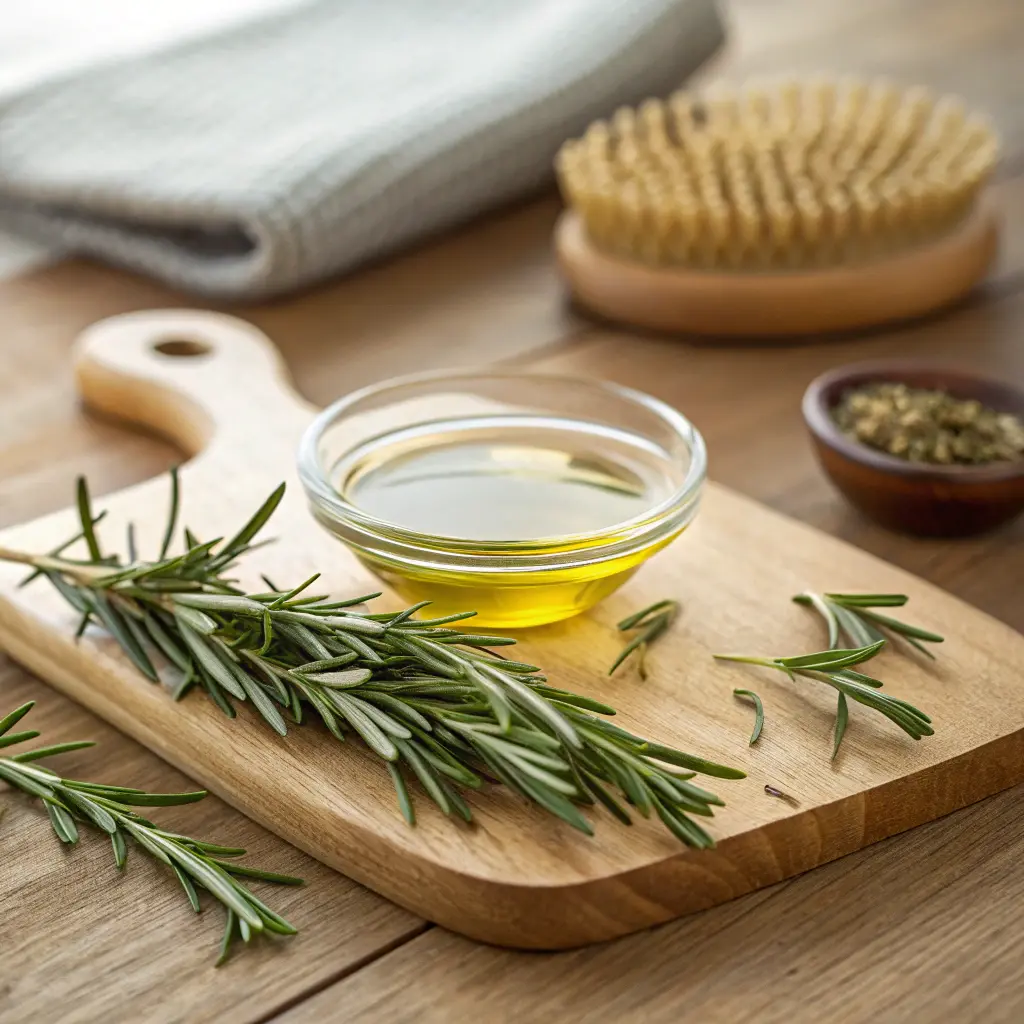 Aceite de romero para el cabello con romero fresco sobre tabla de madera