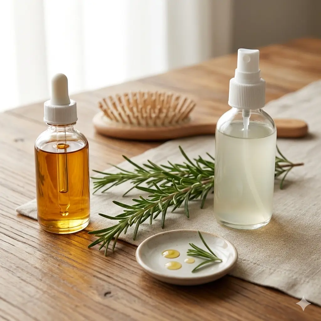 Comparación aceite vs agua de romero para el cabello: frasco con gotero y botella con spray sobre mesa de madera con romero fresco.
