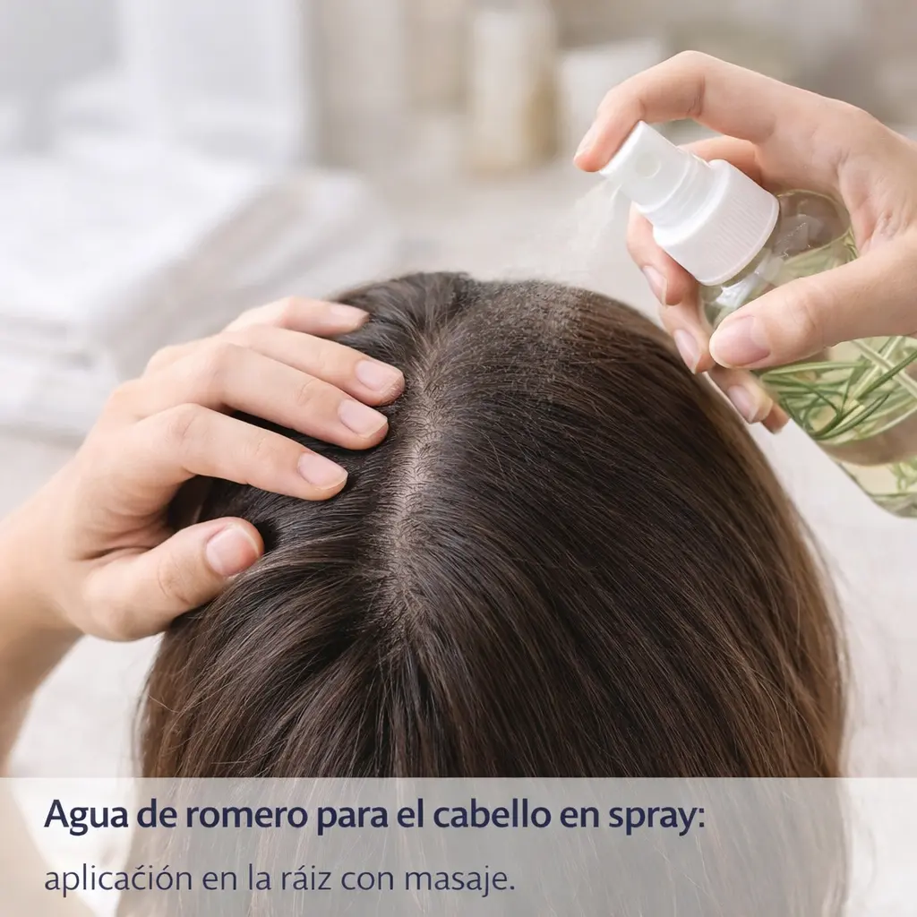 Aplicación de agua de romero para el cabello en spray sobre el cuero cabelludo con masaje suave para una rutina capilar natural.