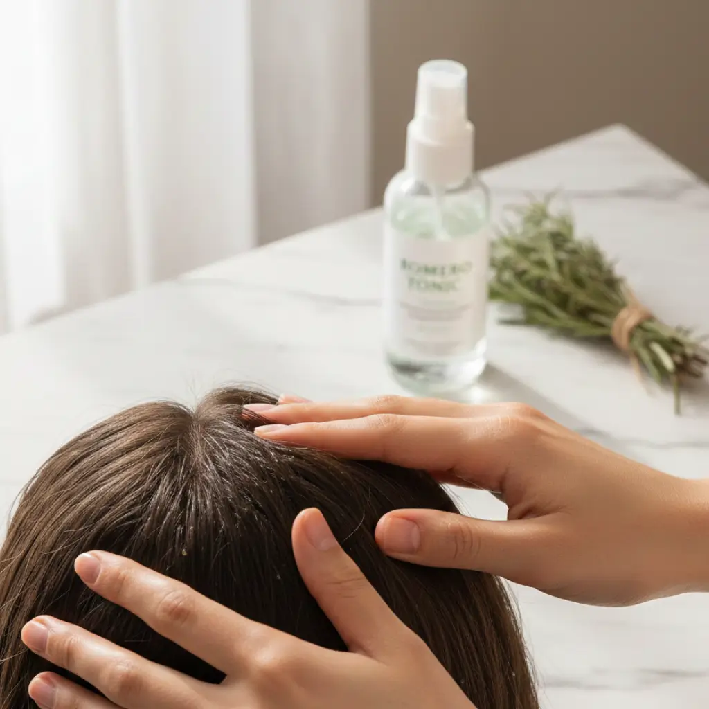 Close-up of hands gently massaging a damp scalp to apply rosemary water, with a spray bottle and fresh rosemary sprigs on a white marble surface in the background.