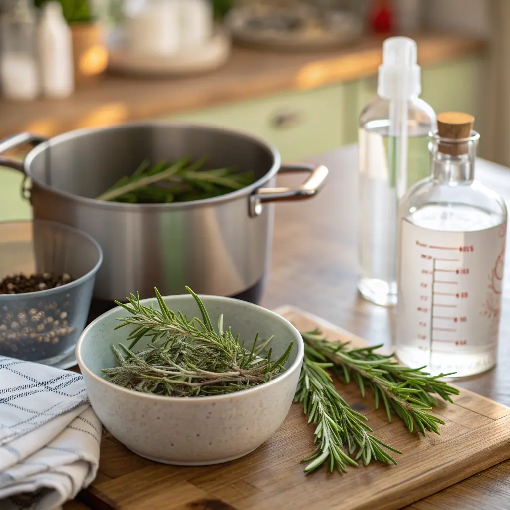 Ingredientes y preparación de agua de romero para el cabello: infusión casera lista para colar y usar como tónico capilar.