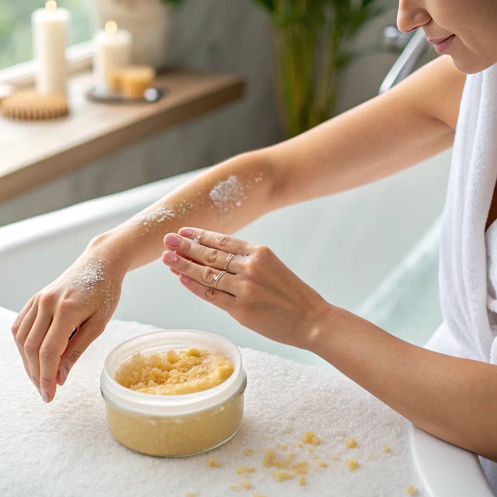 Aplicación suave de exfoliante corporal casero en el brazo durante la ducha, sin irritar la piel.
