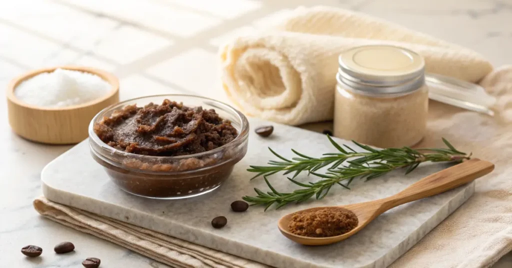 Exfoliante corporal casero en un frasco con café y azúcar, estilo fotografía natural y limpia.