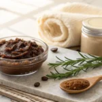 Exfoliante corporal casero en un frasco con café y azúcar, estilo fotografía natural y limpia.