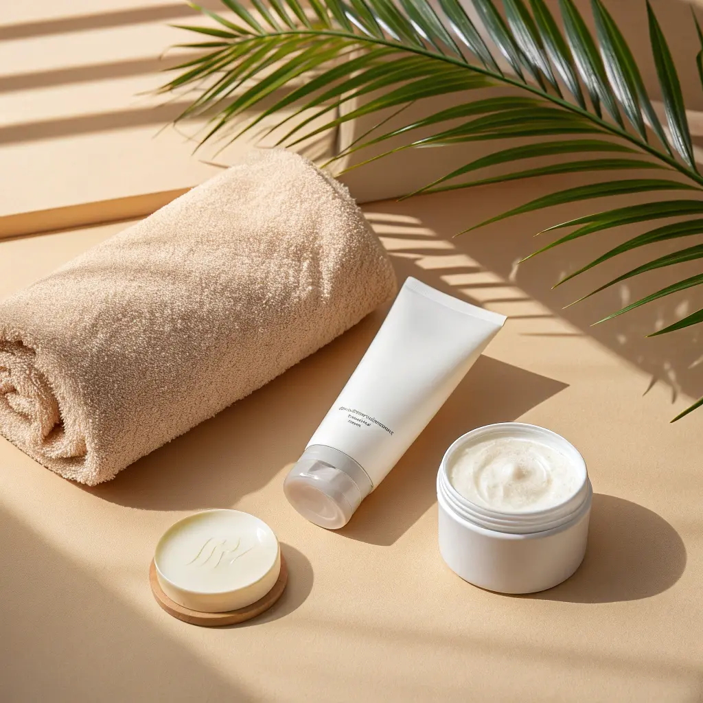 Hidratación después del exfoliante corporal casero con crema corporal y toalla, rutina de cuidado corporal natural.