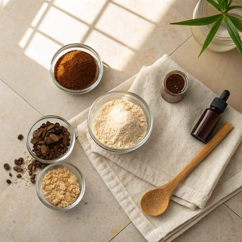  Ingredientes para exfoliante corporal casero: azúcar, café, avena y aceite en recipientes pequeños.
