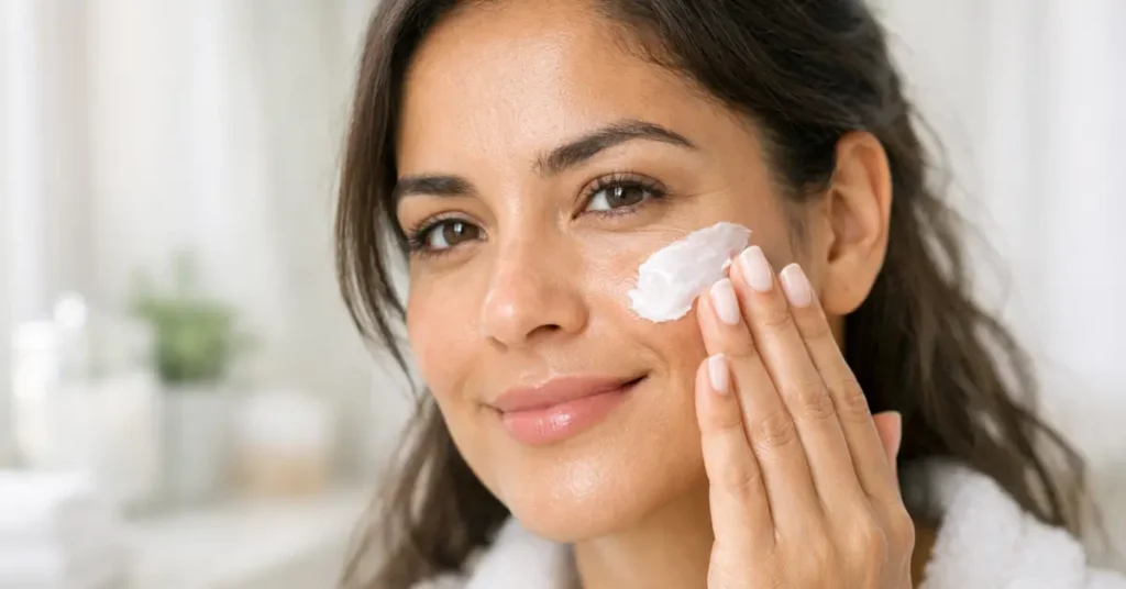 Mujer aplicando crema hidratante en el rostro para tratar la piel seca en la cara y mejorar la hidratación.