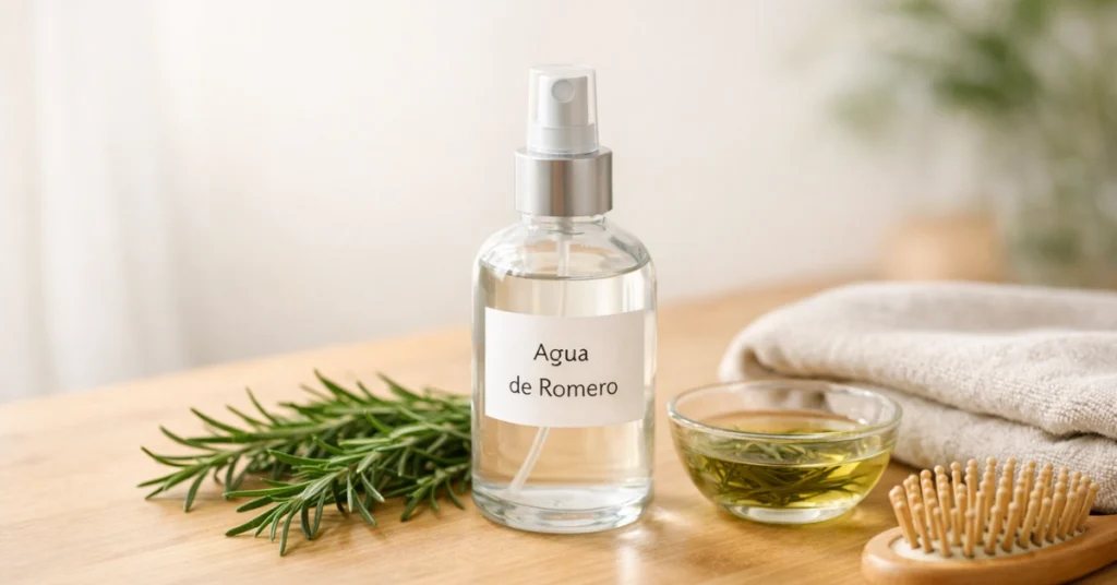 Spray de agua de romero para el cabello con romero fresco y cepillo de madera, ideal para una rutina capilar natural