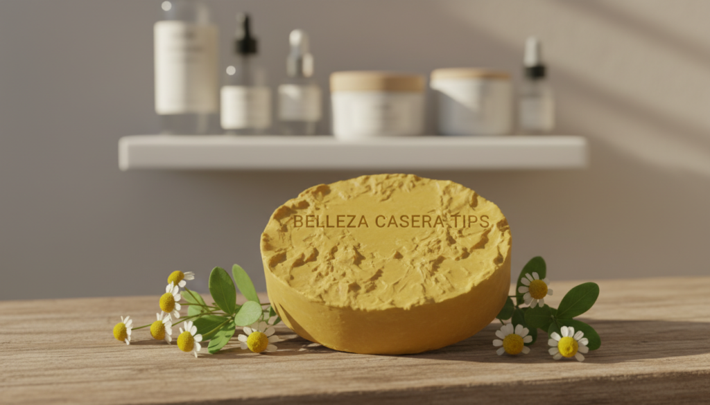 A close-up of a rustic, artisanal sulfur soap bar, showcasing its earthy yellow hue and rough texture, placed on a wooden surface. Surrounding the soap, delicate botanicals like chamomile flowers and green leaves bring a touch of nature, hinting at its natural ingredients. Soft, warm natural light illuminates the scene, casting gentle shadows and highlighting the intricate details of the soap. In the background, subtly blurred, a bathroom shelf holds minimalistic skincare products, enhancing the clean aesthetic. The overall mood is serene and inviting, conveying the essence of self-care and natural beauty. This image aligns with the informative tone and purpose of “Belleza Casera Tips,” perfectly encapsulating what sulfur soap is and its use for sensitive skin.