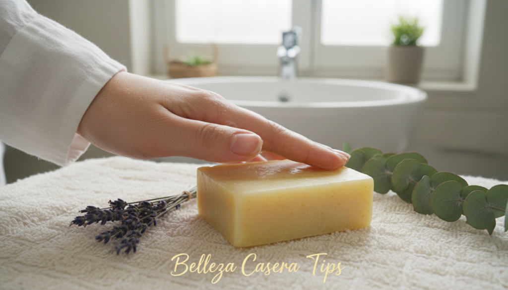 A visually engaging and informative image depicting the use of sulfur soap in an everyday setting. In the foreground, an elegantly arranged bar of sulfur soap rests on a soft, textured towel, accompanied by natural lavender and eucalyptus leaves to symbolize skincare benefits. In the middle ground, a graceful hand in modest attire gently lathers the soap, demonstrating its application on the skin. The background features a serene bathroom setting with soft, diffused lighting highlighting the soap's golden hue and creating a tranquil atmosphere. The overall mood is calm and inviting, encapsulating the theme of practical skincare advice. The brand name "Belleza Casera Tips" is subtly integrated into the composition.